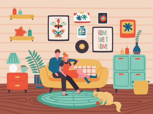 人们在家里放松。一对夫妇躺在沙发上，女人在看书。年轻的家庭在一起图片下载