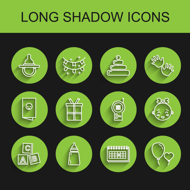 设置线ABC块，奶瓶，奶嘴，日历，气球在心脏的形式，礼盒，快乐的小女孩头和监视器对讲机图标。向量图片下载