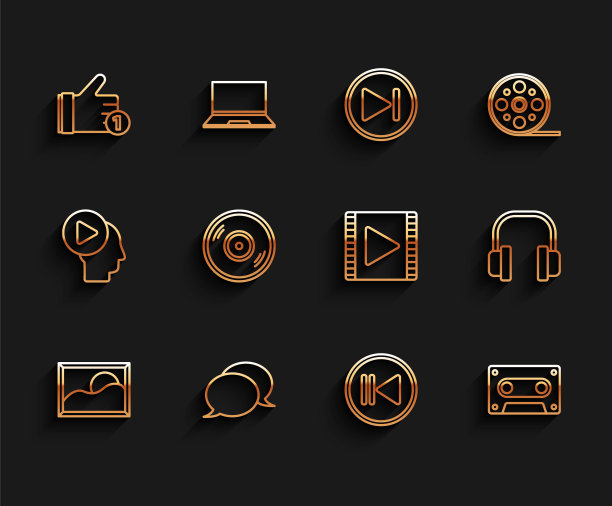 设置线图片景观，语音气泡聊天，手喜欢，倒带，复古录音带，黑胶唱片，耳机和播放视频图标。向量图片下载