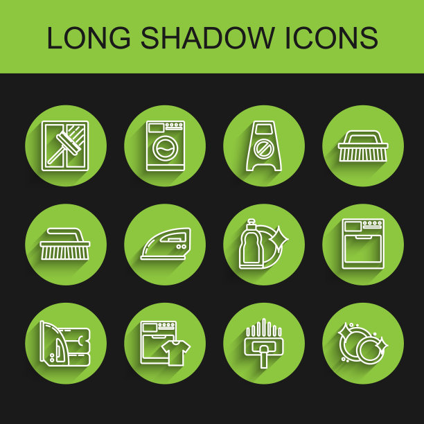 设置线电熨斗和毛巾，洗衣机t恤，刮板，刮水器，真空吸尘器，洗碗，和塑料瓶的液体洗碗液图标。向量图片下载