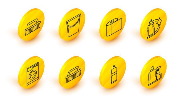 产品系列:液体洗洁精塑料瓶，清洁刷，洗衣机，厕纸卷，桶和图标。向量图片下载