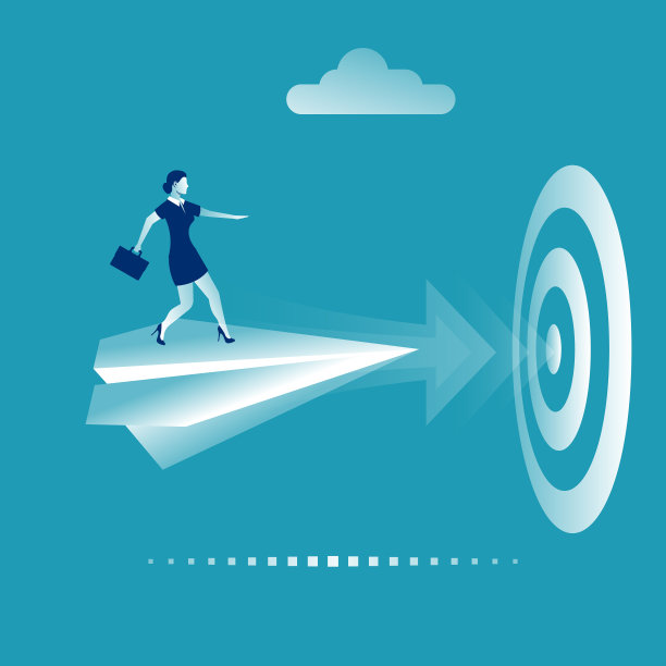 一个拿着公文包站在纸飞机上的女商人为了实现一个商业目标图片下载