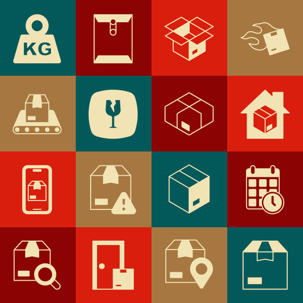 集纸箱纸箱，纸板与日历，送货上门服务，开箱，易碎玻璃，传送带，重量和图标。向量图片下载