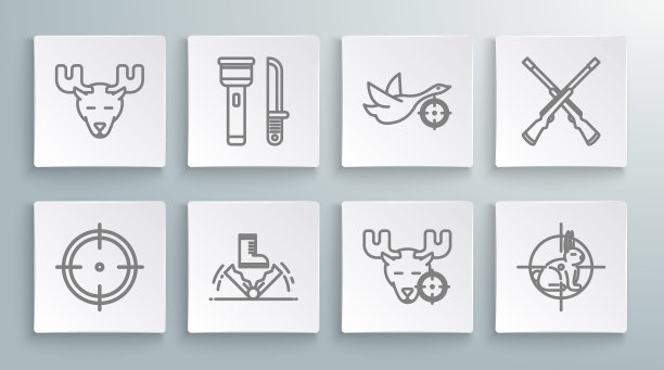 设定线目标运动射击比赛，手电筒和刀，陷阱狩猎，狩猎驼鹿与十字准星，兔子，鸭子，两个交叉的猎枪和驼鹿头角图标。向量图片下载