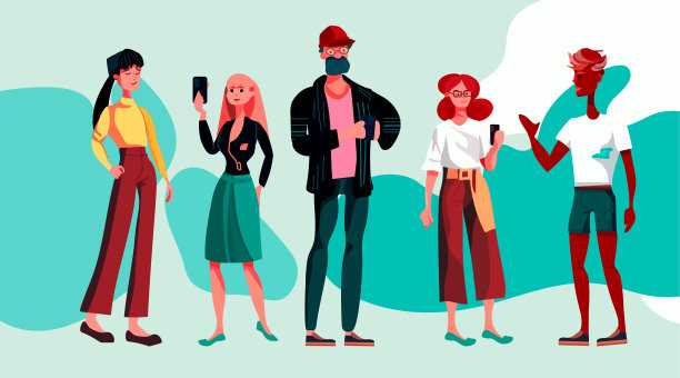 混合种族的人与智能手机站在一起，男人，女人使用手机数字成瘾的概念图片下载