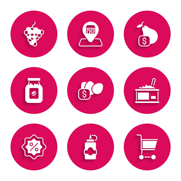 设定价格标签的鸡蛋，酱汁瓶，购物车，罐头与鱼子酱，折扣百分比，咖啡罐，梨和葡萄水果图标。向量图片下载