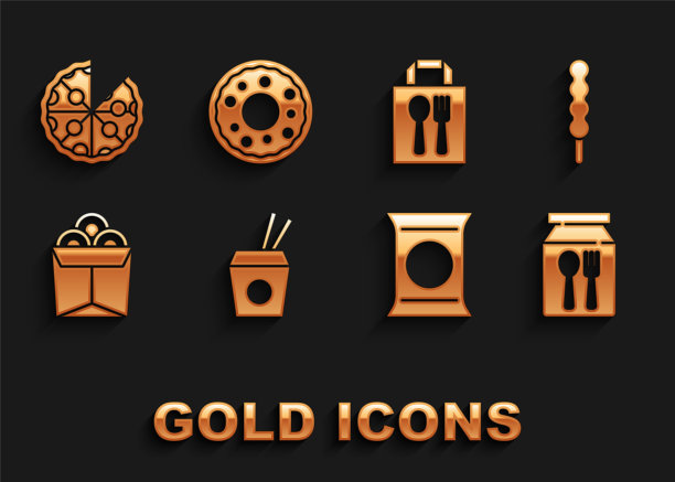 设置亚洲面条和筷子，棒棒糖，在线订购配送，袋装薯片，面条盒，披萨和甜甜圈图标。向量图片下载