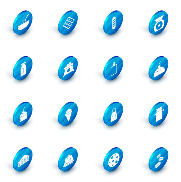 集华夫饼，法国法棍面包，天平，瓶子与牛奶，蛋糕，面粉袋，和砧板图标。向量图片下载