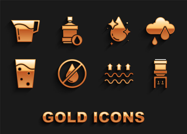 设置水滴禁止，云与雨，冷却器，波浪的水和蒸发，玻璃，壶玻璃和大瓶清洁图标。向量图片下载