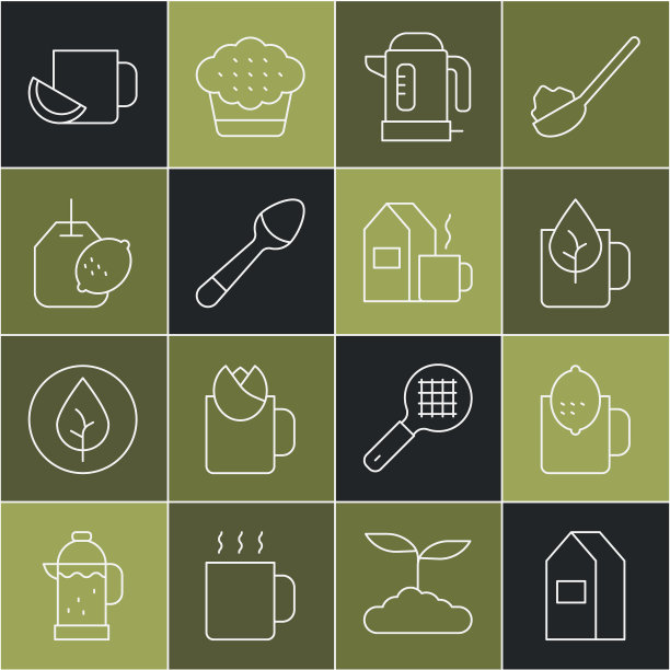 纸包装牛奶，一杯柠檬茶，茶叶，电水壶，茶匙，袋，和图标。向量图片下载