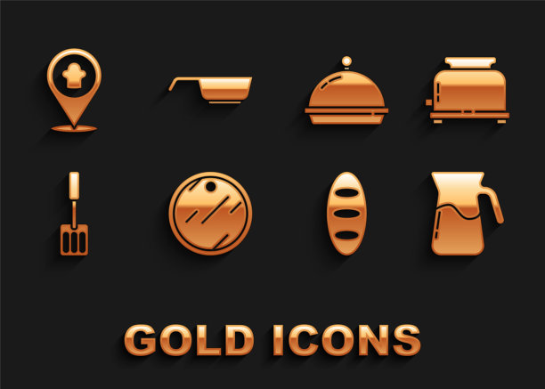 集砧板，烤面包机，水壶玻璃与水，面包，抹刀，覆盖的食物托盘，厨师帽子的位置和煎锅图标。向量图片下载