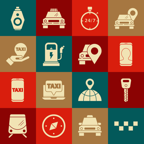 设置出租车车顶，车钥匙，电话服务，秒表24小时，充电站，出租车，遥控器和地图图标的指针。向量图片下载