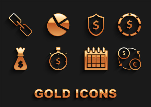 设定时间是金钱，硬币与美元符号，货币兑换，日历，袋子，盾牌，链环和饼图信息图形图标。向量图片下载
