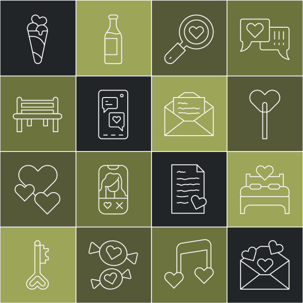 套线信封与情人节的心，卧室，棒棒糖，搜索和爱，手机，浪漫的长凳，冰淇淋华夫蛋筒和贺卡图标。向量图片下载