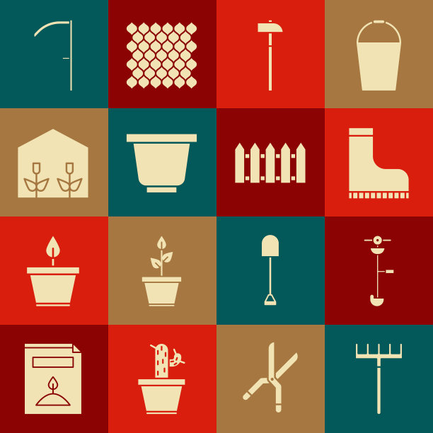 集花园耙子，草和杂草电动串修剪器，防水橡胶靴，锤子，花盆，家庭温室植物，镰刀和栅栏木图标。向量图片下载