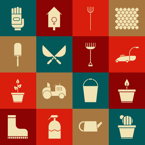 集仙人掌和多肉在锅，植物，割草机，花园干草叉，园艺手工剪刀，铲子铲子，铲子，手套和耙子图标。向量图片下载