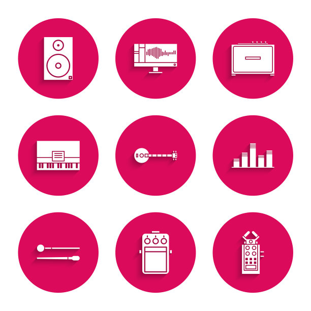 设置班卓琴，吉他踏板，麦克风，音乐均衡器，鼓棒，钢琴，放大器和立体声扬声器图标。向量图片下载