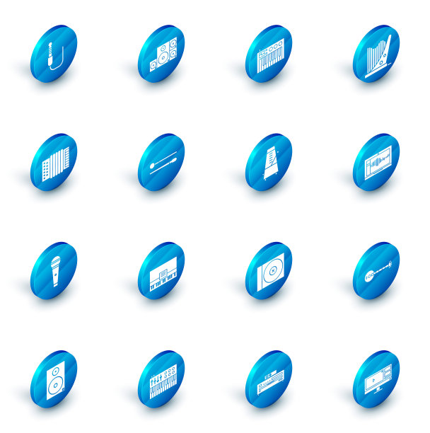 集立体声扬声器，音乐合成器，竖琴，乐器手风琴，麦克风，鼓棒，声音录音机笔记本电脑和节拍器与钟摆运动图标。向量图片下载