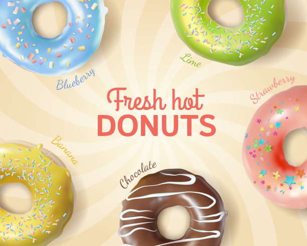 现实详细3d新鲜热甜甜圈广告横幅概念海报卡。向量图片下载