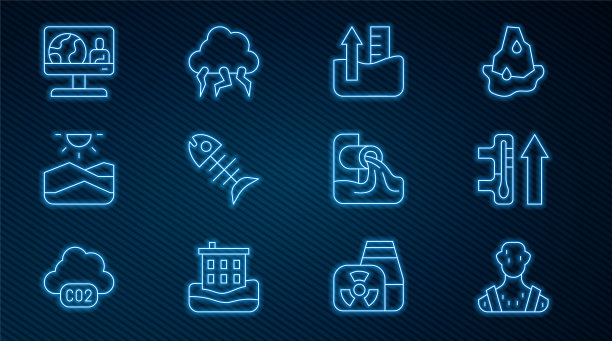 设定线高人体温度，全球变暖，上升水位，死鱼，干旱，天气预报，废水和风暴图标。向量图片下载