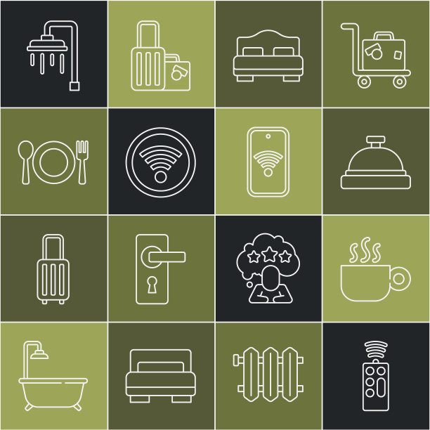 遥控器，咖啡杯，酒店服务铃，房间床，Wi-Fi无线，餐盘，刀叉，淋浴和手机与Wi-Fi图标。向量图片下载