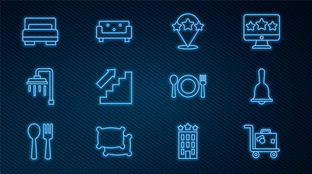 集线旅行箱，酒店服务铃，五星评级点评，楼梯上楼，淋浴，客房床，餐盘刀叉，沙发图标。向量图片下载