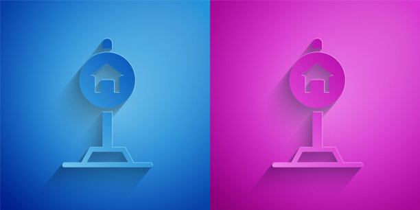 剪纸酒店标志交通图标隔离在蓝色和紫色的背景。纸艺风格。向量图片下载