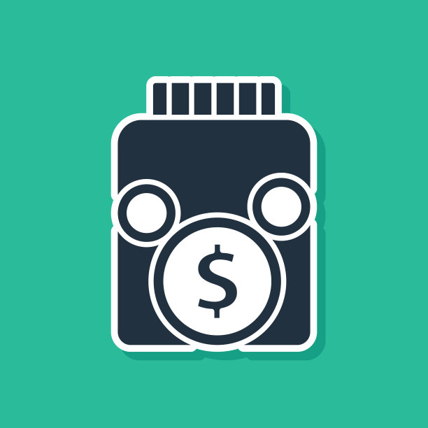 蓝色玻璃钱罐与硬币图标隔离在绿色背景。图标储蓄或积累金钱，投资。向量图片下载