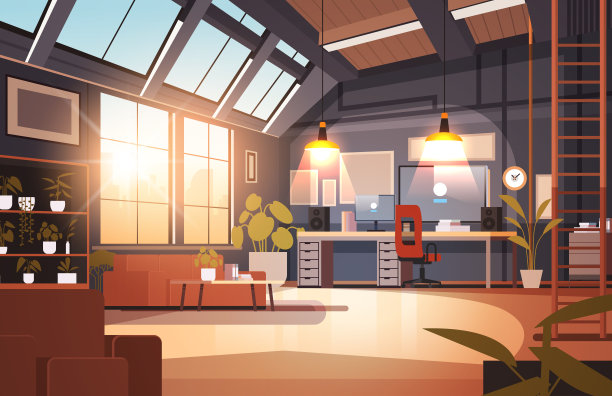 创意空无人公寓现代阁楼室内开放空间家庭办公室与家具为企业或自由职业者的工作图片下载