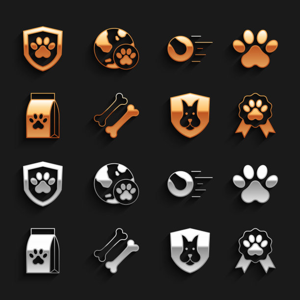 集狗骨，爪印，宠物奖励标志，动物健康保险，宠物食品袋，玩具球，和世界图标。向量图片下载
