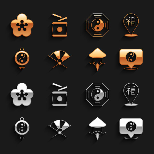 集传统纸扇，中国新年，阴阳符号，亚洲或锥形草帽，灯笼，莲花和鼓图标。向量图片下载