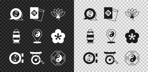 集阴阳符号、春节、莲花、锣鼓乐器、纸灯笼和图标于一体。向量图片下载