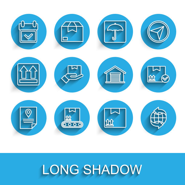 设置线文件跟踪标记系统，带纸箱的输送带，日历检查，纸板交通标志，全球，交付手箱，包装和仓库图标。向量图片下载