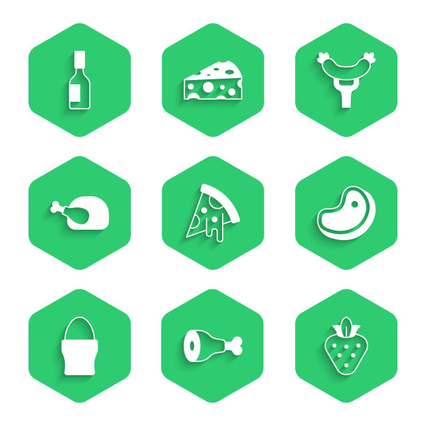 集披萨片，鸡腿，草莓，牛排肉，鸡蛋在展台上，烤火鸡或鸡，香肠的叉子和塔巴斯科酱图标。向量图片下载