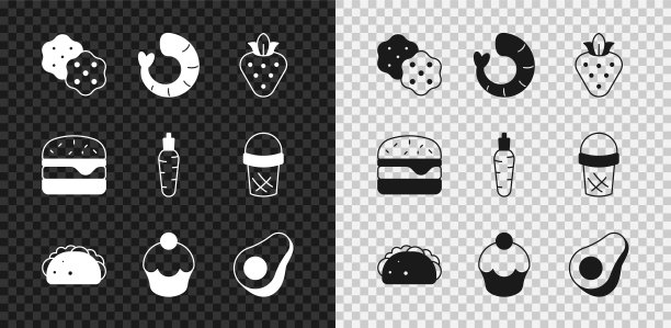 集饼干饼干，虾，草莓，墨西哥卷饼，松饼，鳄梨水果，汉堡和胡萝卜图标。向量图片下载