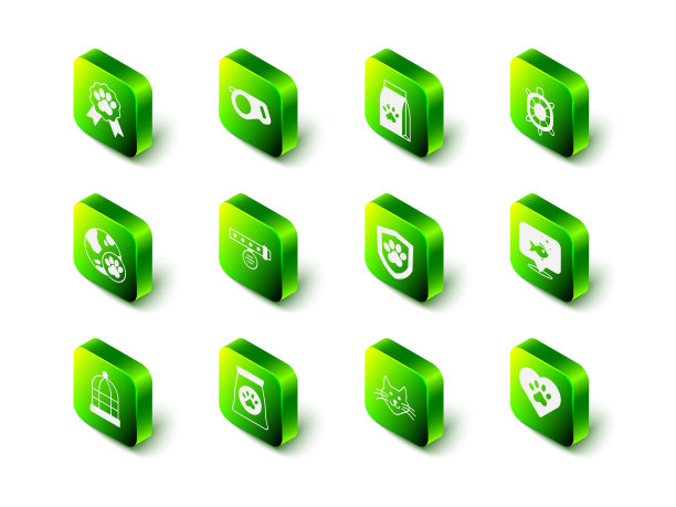 集可伸缩绳皮带，食品袋的宠物，海龟，鱼，心脏与动物足迹，动物健康保险，猫和图标。向量图片下载