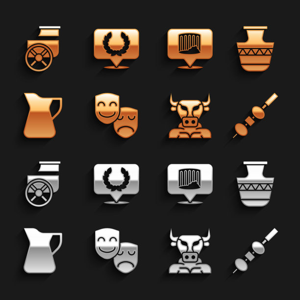 集喜剧和悲剧面具，古代双耳罐，橄榄奶酪上的筷子，牛头怪，一瓶橄榄油，柱，战车和月桂花环图标。向量图片下载