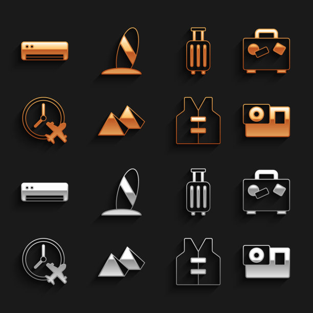 设置埃及金字塔，手提箱，运动相机，救生衣，时钟与飞机，空调和冲浪板图标。向量图片下载