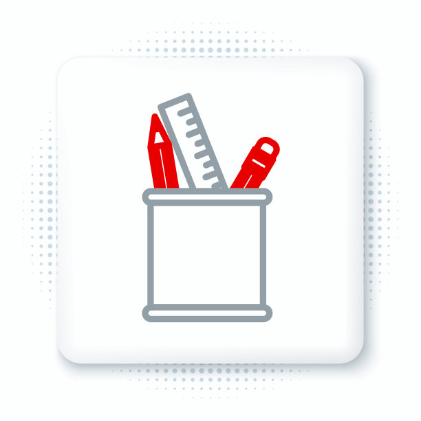 线铅笔盒文具图标孤立的白色背景。铅笔，钢笔，尺子放在办公室用的玻璃杯里。色彩缤纷的轮廓概念。向量图片下载