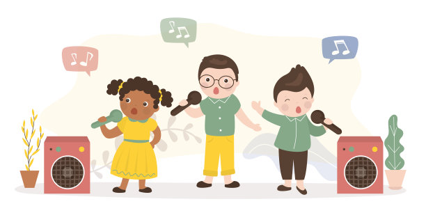 一群孩子在唱歌。三个孩子用麦克风唱卡拉ok。多民族儿童-音乐家和歌手。天赋的孩子。娱乐，有趣的消磨时间。图片下载