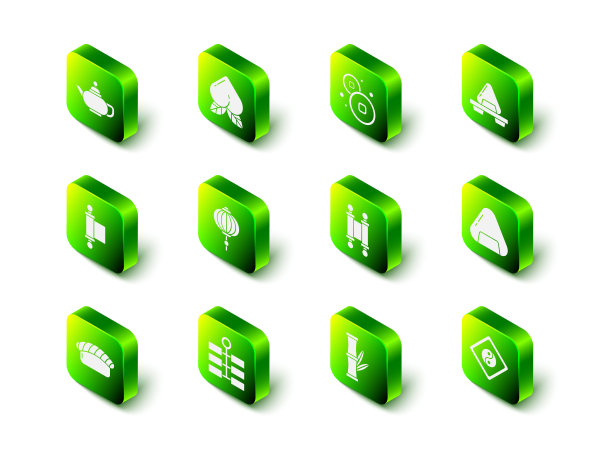 设定桃果，人民币，寿司在砧板，阴阳，法令，纸，羊皮纸，卷轴，竹子和烟花图标。向量图片下载