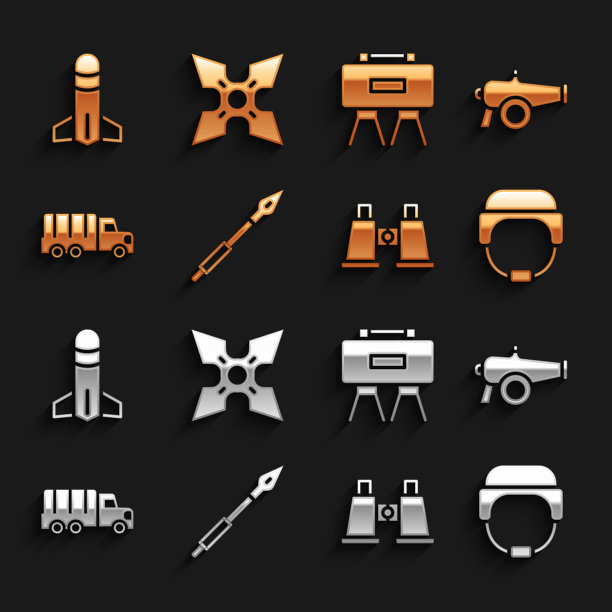 集中世纪矛，大炮，军事头盔，双筒望远镜，卡车，地雷，火箭和日本忍者神龙图标。向量图片下载