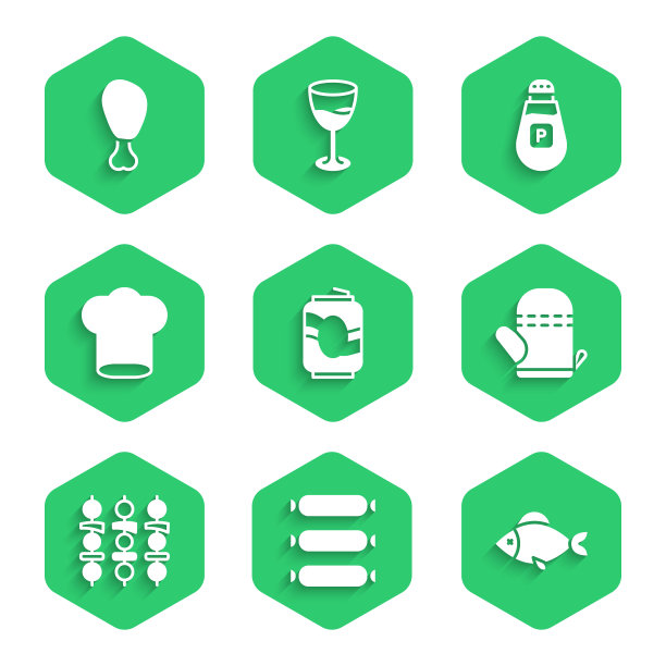 集汽水罐，香肠，鱼，烤箱手套，烤羊肉串，厨师帽，胡椒和鸡腿图标。向量图片下载