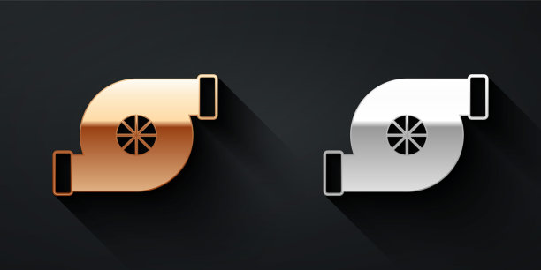 金色和银色汽车涡轮增压器图标孤立的黑色背景。车辆性能涡轮增压。涡轮压缩机感应。长影式。向量图片下载