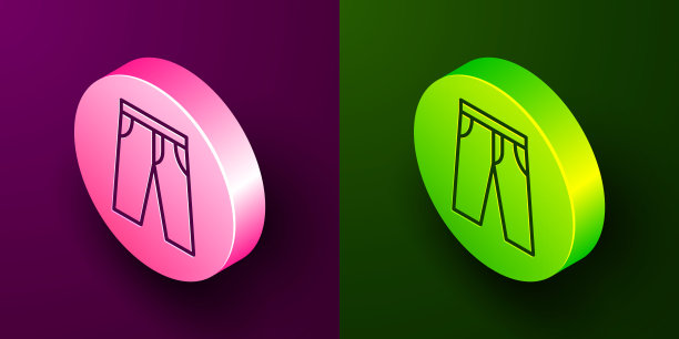 等距线裤子图标隔离在紫色和绿色背景。裤子的迹象。圆按钮。向量图片下载