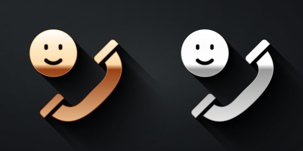 黄金和白银在手机上的来电图标孤立的黑色背景。朋友的电话。长影式。向量图片下载