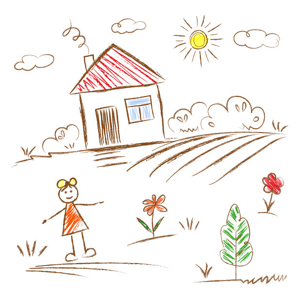 房子、太阳、女孩、树、花——孩子们用粉笔在柏油路上或黑板上乱画。白色背景上的彩色线条和着色图片下载