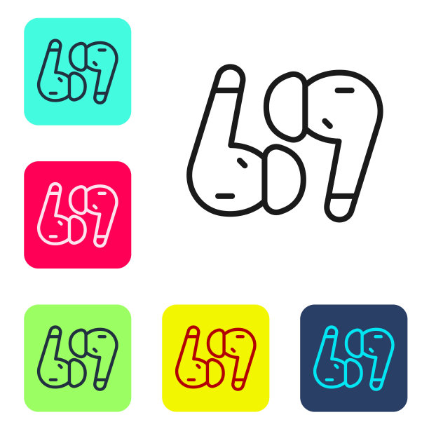 黑线空气耳机图标图标隔离在白色背景。无线支架，以防耳机和电子设备。设置图标为彩色方形按钮。向量图片下载