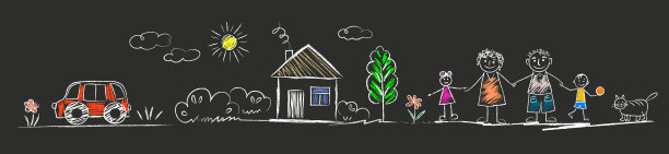 家庭——小女孩和小男孩牵着爸爸妈妈的手，猫，车，鸟，房子，太阳，云，花，夏日。孩子用粉笔在柏油路、学校黑板上涂鸦。图片下载