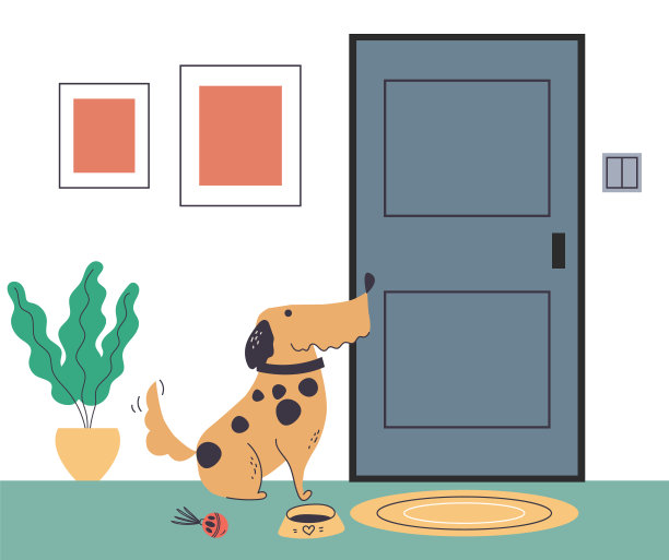 狗可爱的宠物等待他的主人坐在门口的概念。矢量图形设计插图图片下载